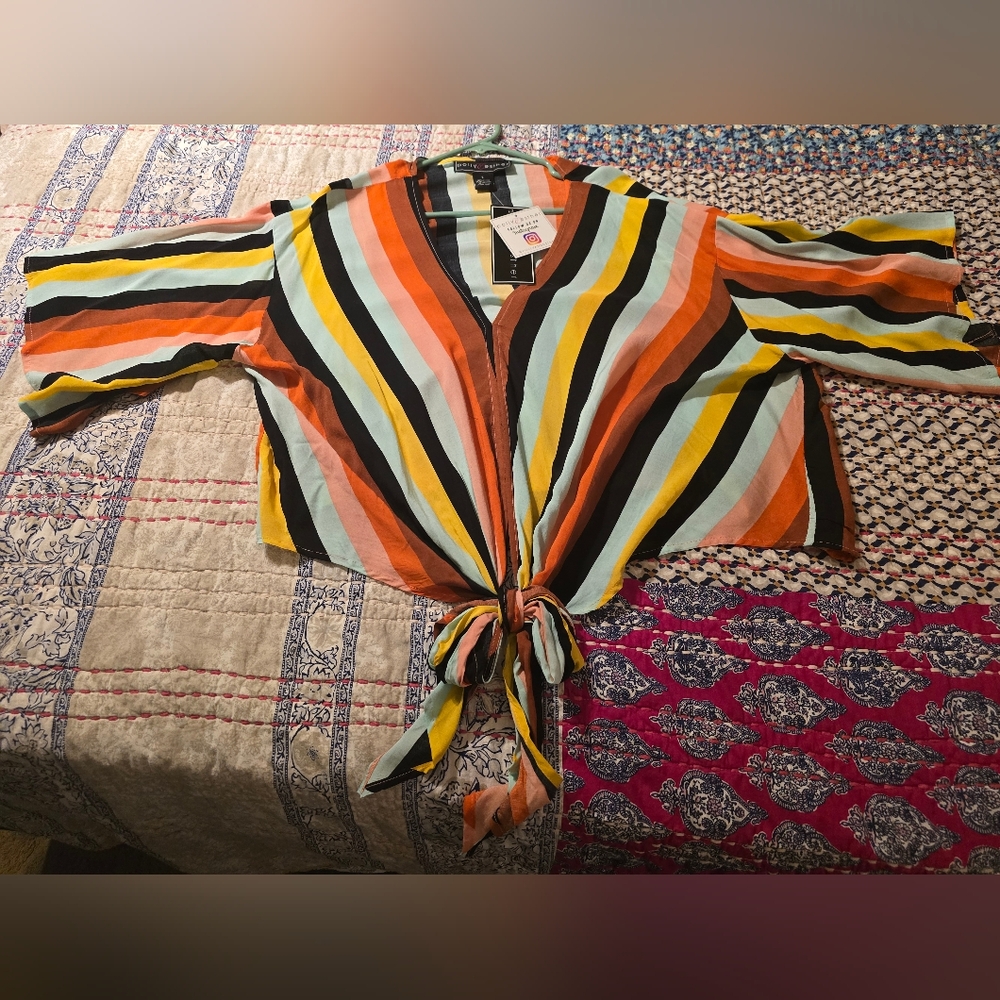 Polly and Esther multi-color striped flowy top with tie front detail. - Picture 3 of 5